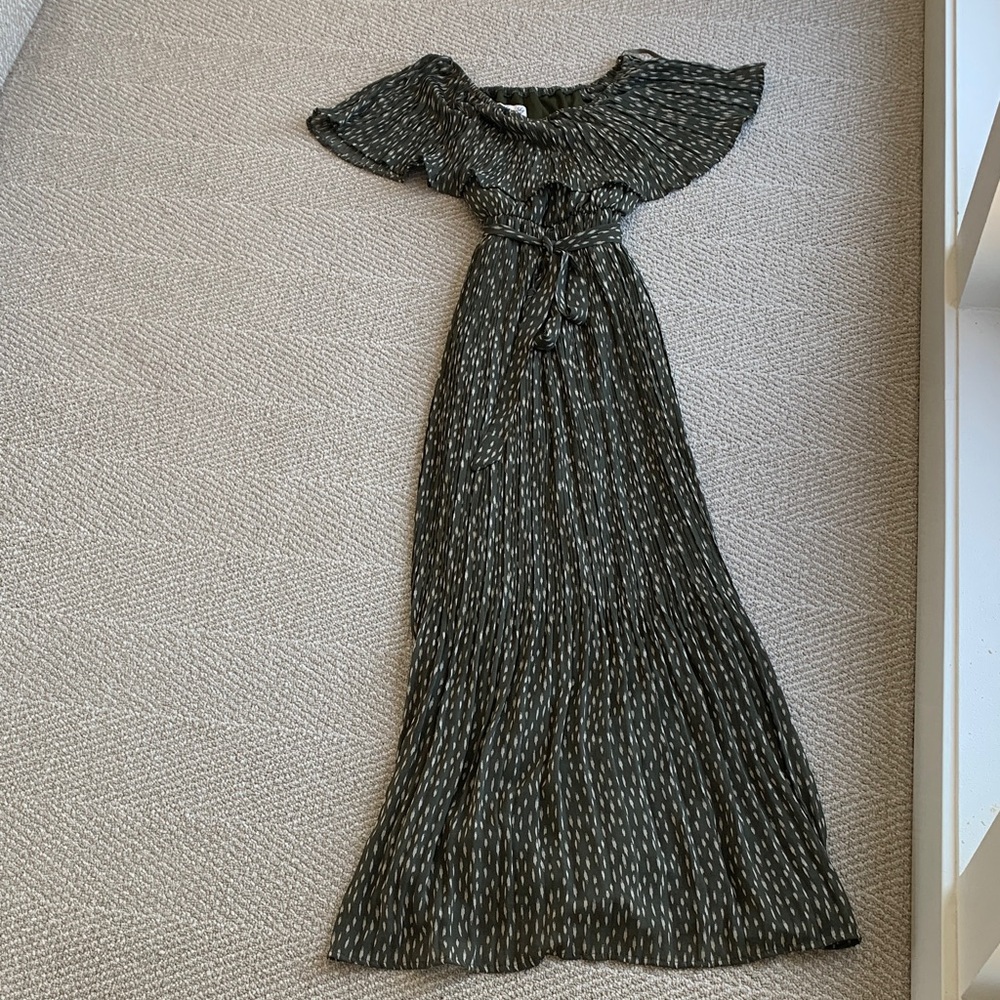 Olive Off Shoulder Maxi Dress Cream Print Flowy Boho Size S